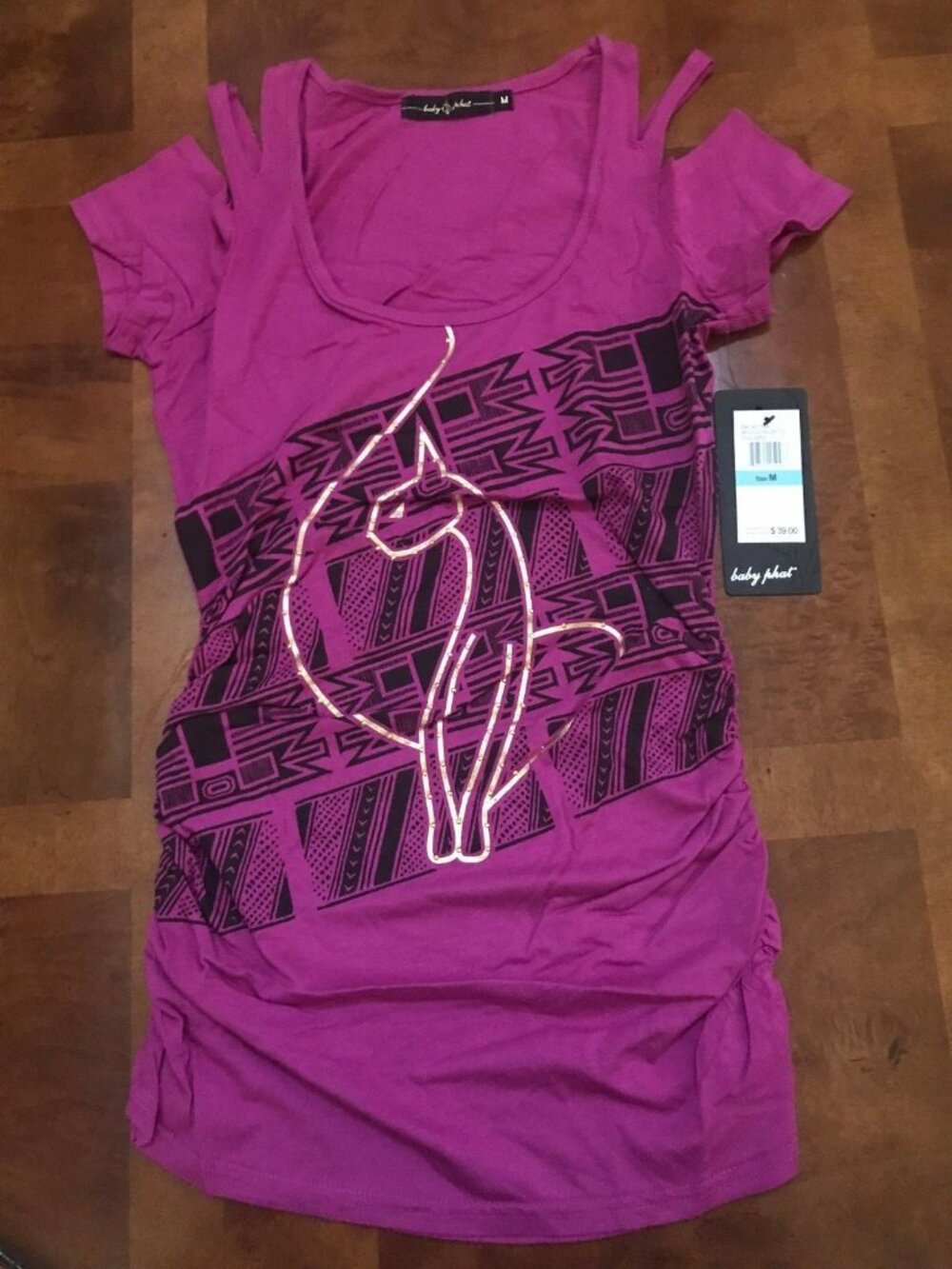 Baby Phat Cold Shoulder Tio Purple Black Gold Short Sleeve Cat Top Medium M NWT